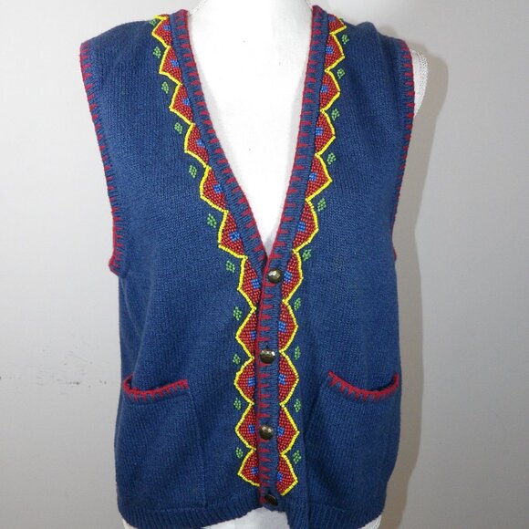 Share Blue Beaded Southwestern Vest Liz Wear Size Large Vintage - Picture 1 of 4